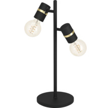 Lampă de masă neagră cu două becuri și capete rotative.