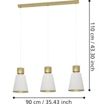 Lumină suspendată cu trei abajururi și dimensiunile de 110 x 90 cm.