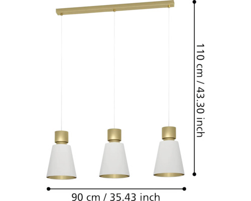 Lumină suspendată cu trei abajururi și dimensiunile de 110 x 90 cm.