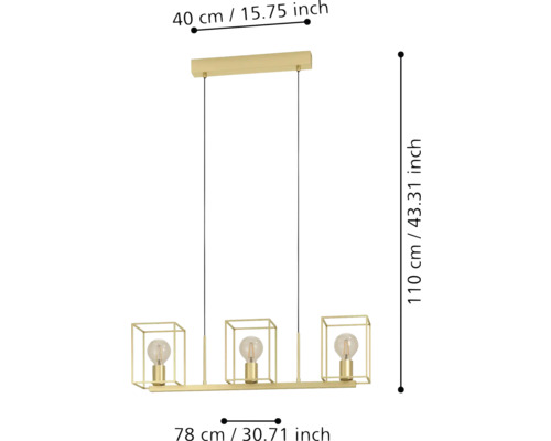 Lumină suspendată cu trei becuri și dimensiuni