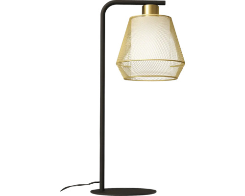 Lampă de masă cu bază metalică și abajur din plasă de sârmă