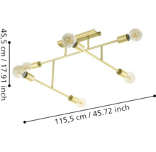 Plafonieră aurie cu șase becuri și dimensiunile de 115,5 cm pe 45,5 cm.