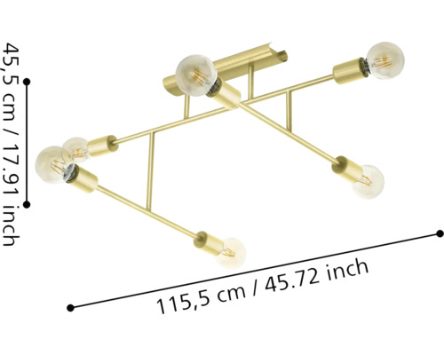 Plafonieră aurie cu șase becuri și dimensiunile de 115,5 cm pe 45,5 cm.