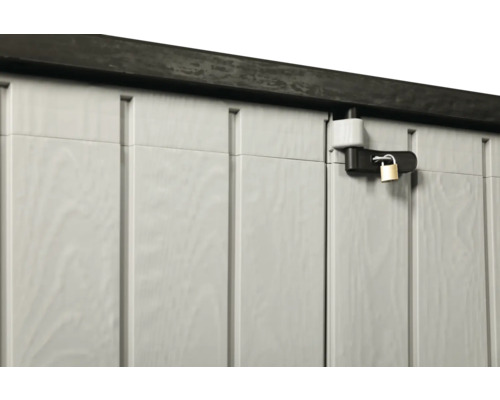 Imagine detaliată cu o magazie de grădină cu lacăt