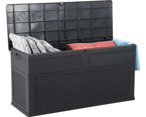 Cutie de depozitare neagră deschisă cu perne și pături