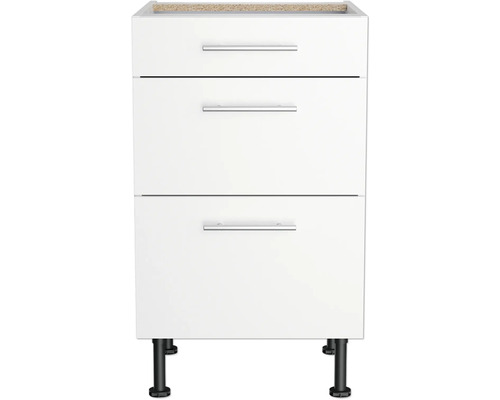 Dulap inferior alb cu trei sertare și picioare