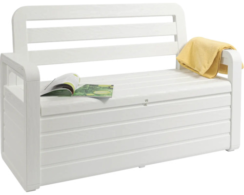 Bancă de grădină albă cu spațiu de depozitare pentru exterior