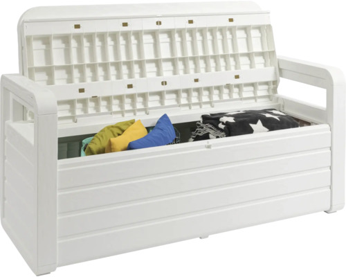 Bancă de grădină albă deschisă, cu spațiu de depozitare și umplutură