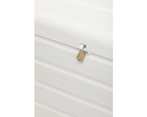 Prim-plan cu ladă de depozitare albă cu lacăt