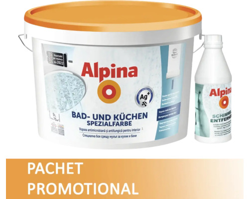 Vopsea lavabilă pentru baie și bucătărie Alpina Spezialfarbe 9 l + soluție antimucegai Alpina Schimmel-Entferner 1 l