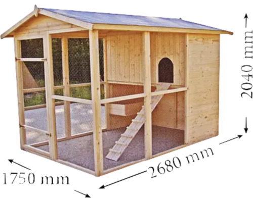 Coteț de găini din lemn cu dimensiunile 2680 mm lungime, 1750 mm lățime și 2040 mm înălțime.