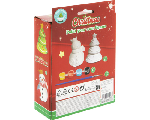 Ambalajul unui set de lucru manual pentru pictarea figurinelor de Crăciun cu culori și pensulă