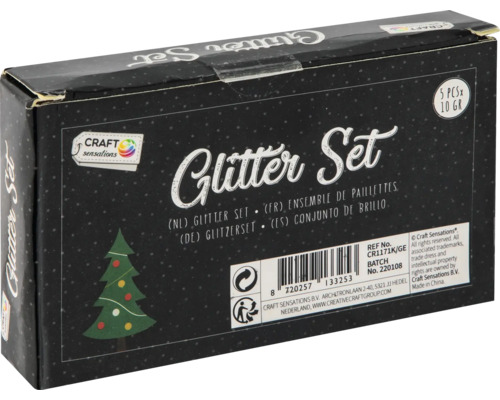 Set de sclipici într-un ambalaj negru cu motiv de pom de Crăciun