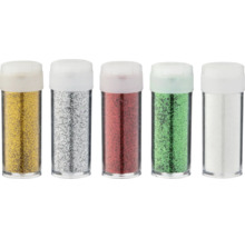 Cinci recipiente cu pudră sclipitoare în culorile auriu, argintiu, roșu, verde și alb