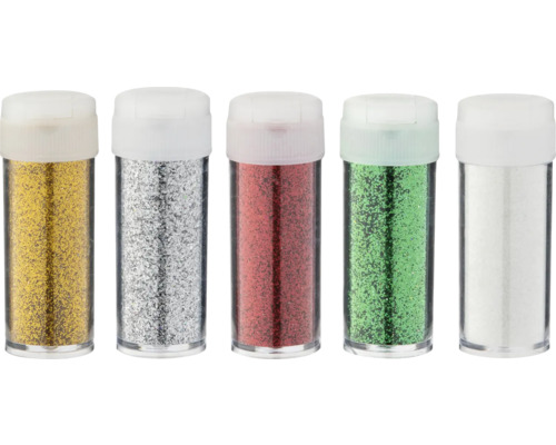 Cinci recipiente cu pudră sclipitoare în culorile auriu, argintiu, roșu, verde și alb