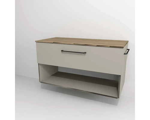 Bază lavoar baie Devo Sonus 2.0, 1 sertar cu închidere lentă 1 poliță, MDF, 97x52 cm, bej/stejar bardolino Bază lavoar baie Devo Sonus 2.0, 1 sertar cu închidere lentă 1 poliță, MDF, 97x52 cm, bej/stejar bardolino