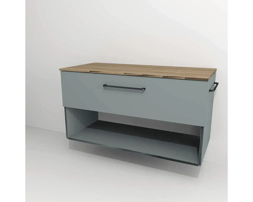 Bază lavoar baie Devo Sonus 2.0, 1 sertar cu închidere lentă 1 poliță, MDF, 97x52 cm, verde/stejar bardolino Bază lavoar baie Devo Sonus 2.0, 1 sertar cu închidere lentă 1 poliță, MDF, 97x52 cm, verde/stejar bardolino