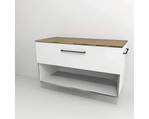 Bază lavoar baie Devo Sonus 2.0, 1 sertar cu închidere lentă 1 poliță, MDF, 97x52 cm, alb/stejar bardolino Bază lavoar baie Devo Sonus 2.0, 1 sertar cu închidere lentă 1 poliță, MDF, 97x52 cm, alb/stejar bardolino