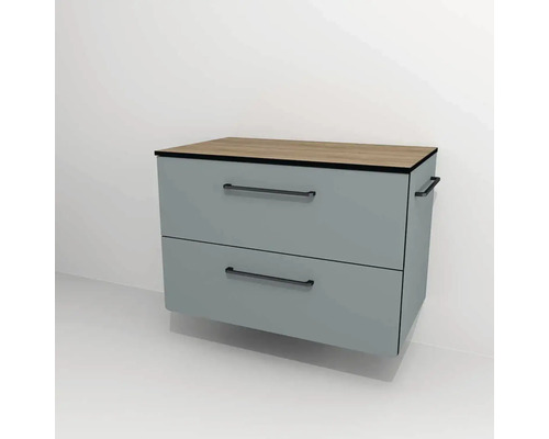 Bază lavoar baie Devo Sonus 2.0, 1 sertar cu închidere lentă 1 poliță, MDF, 77x52 cm, verde/stejar bardolino Bază lavoar baie Devo Sonus 2.0, 1 sertar cu închidere lentă 1 poliță, MDF, 77x52 cm, verde/stejar bardolino