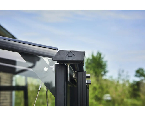 Imagine detaliată a unei sere cu elemente de sticlă și o structură de cadru neagră