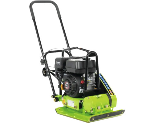 Placă vibratoare verde cu motor cu combustie și mâner de control
