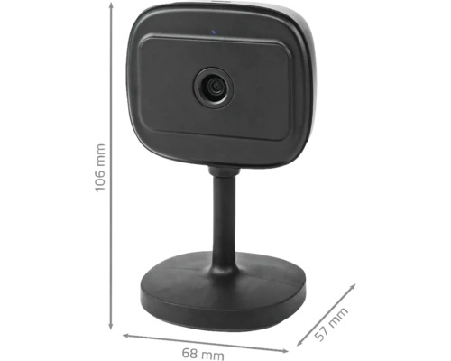 Cameră de supraveghere neagră cu dimensiunile de 106 mm înălțime, 68 mm lățime și 57 mm adâncime.