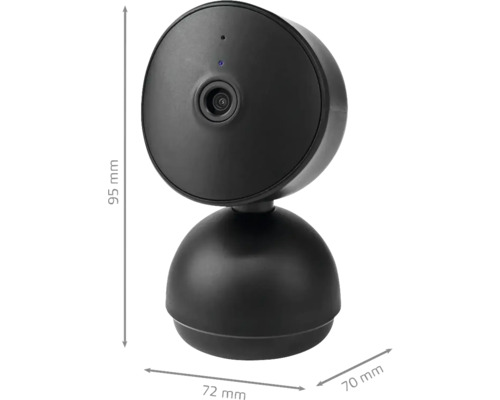 Cameră de supraveghere neagră cu dimensiunile 95 mm înălțime, 72 mm și 70 mm lățime