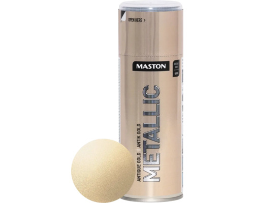 Lac acrilic spray Maston auriu antic metalic 400 ml Vopsea spray Maston Metallic Antique Gold și probă de culoare