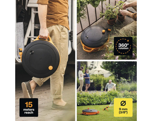Cutie furtun de grădină cu o rază de acțiune de 15 metri și un diametru al furtunului de 9 milimetri cu rotație de 360 grade