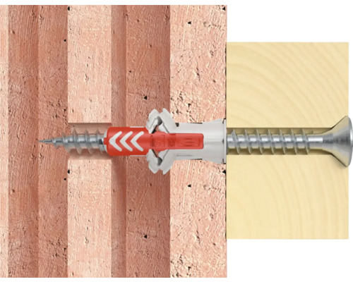 Diblul Fischer DuoPower într-un perete și o scândură de lemn