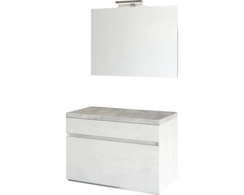 Set mobilier baie suspendat Bogota, 1 sertar, PAL, 80 cm, alb, incl. bază lavoar, blat și oglindă