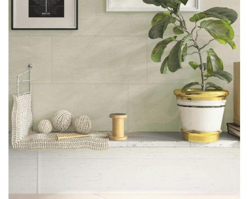 Faianță bej cu decorațiuni și o plantă de interior într-un ghiveci