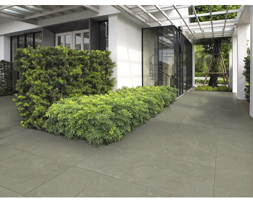 Exterior cu plăci de podea pătrate și plantații