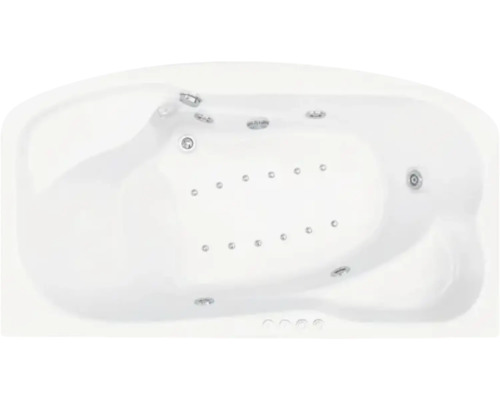 Vedere de sus a unei căzi cu hidromasaj albe, cu mai multe duze