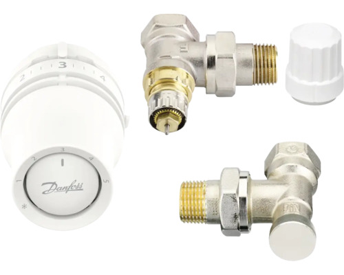 Set robineți termostatați colțar Danfoss 015G5333 1/2”, cu cap termostatic, alb Robinet termostatic cu închidere și cap termostatic Danfoss Logo