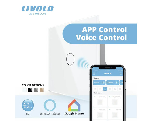 Întrerupător de lumină cu control prin aplicație și vocal, lângă un smartphone cu interfață de aplicație