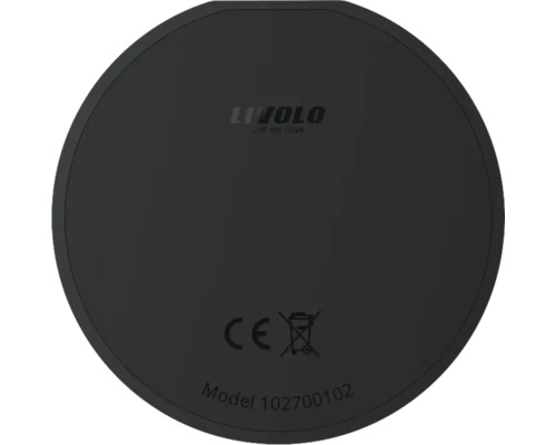 Logo Livolo pe un obiect rotund cu marcaj CE și simbol pentru colectarea selectivă a deșeurilor electrice