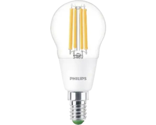 Bec LED Philips E27 2,3W 485 lumeni, glob clar P45, lumină caldă CRI80