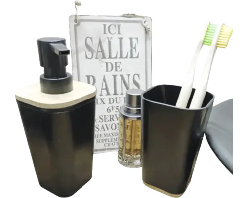 Set de baie cu dozator de săpun, suport pentru periuțe de dinți, parfum și panou decorativ