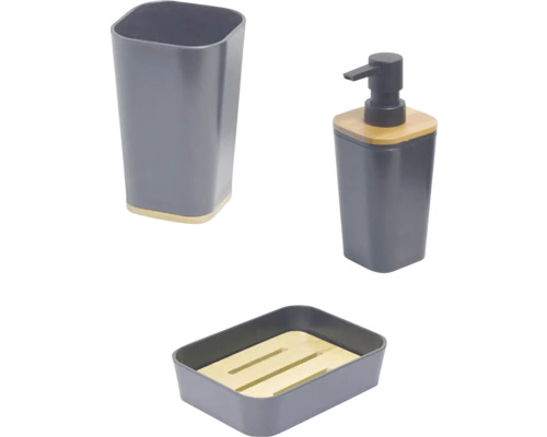 Set dozator săpun lichid, săpunieră și pahar plastic-bambus negru