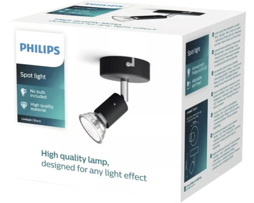 Ambalajul unui spot Philips Limbali negru, fără bec, cu cap reglabil