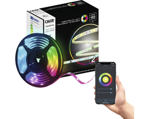 Bandă LED multicoloră Calex cu control prin smartphone și ambalaj