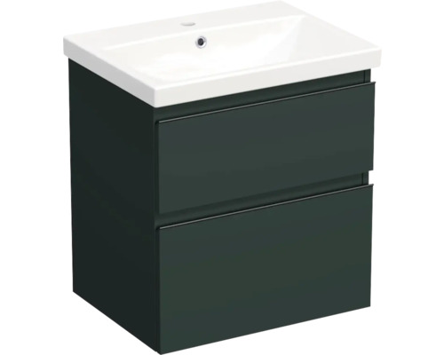 Set mobilier baie suspendat Jungborn TRENTA 60 cm verde salvie mat mâner negru Dulap de bază pentru lavoar cu două sertare și lavoar alb