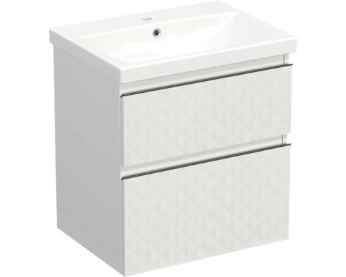 Set mobilier baie suspendat Jungborn TRENTA geometric 60 cm alb mâner negru Dulap inferior pentru lavoar cu două sertare și model geometric