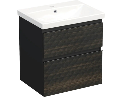 Set mobilier baie suspendat Jungborn TRENTA 60 cm negru-maro mâner negru Dulap de bază pentru lavoar cu două sertare și lavoar ceramic