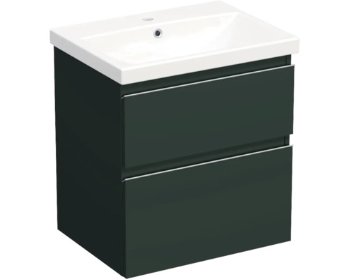 Set mobilier baie suspendat Jungborn TRENTA 60 cm verde salvie mat mâner crom Dulap de bază pentru lavoar cu două sertare și lavoar aplicat