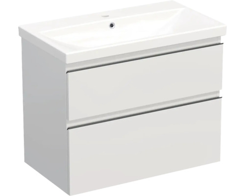 Set mobilier baie suspendat Jungborn TRENTA 80 cm alb lucios mâner negru Dulap de bază pentru lavoar cu două sertare