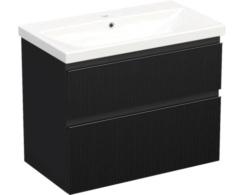 Set mobilier baie suspendat Jungborn TRENTA 80 cm riflaj 2 negru Dulap de bază pentru lavoar cu chiuvetă pentru baie