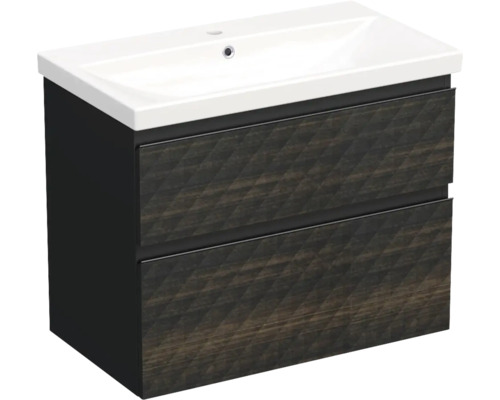 Set mobilier baie suspendat Jungborn TRENTA 80 cm negru-maro mâner negru Dulap de bază pentru lavoar cu două sertare și lavoar