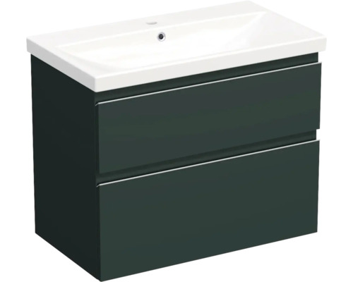 Set mobilier baie suspendat Jungborn TRENTA 80 cm, verde salvie mat mâner crom Dulap inferior de lavoar cu două sertare și lavoar